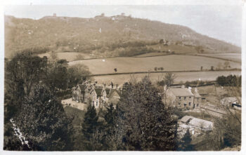 Portrait of Dunfield House taken in the 1800's showing the greenhouse and vegetable garden.